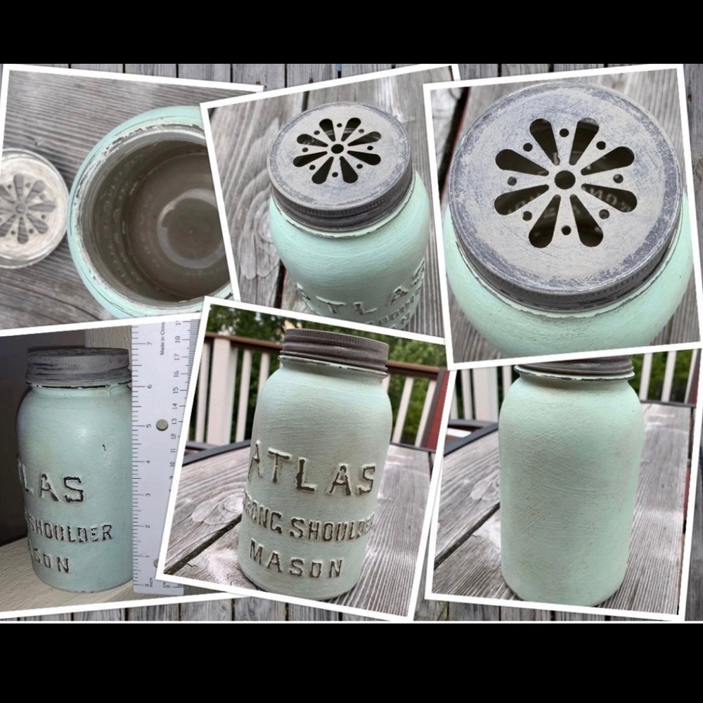 Rustic primative chalk painted Mason Atlas jar w decorative lid for candles